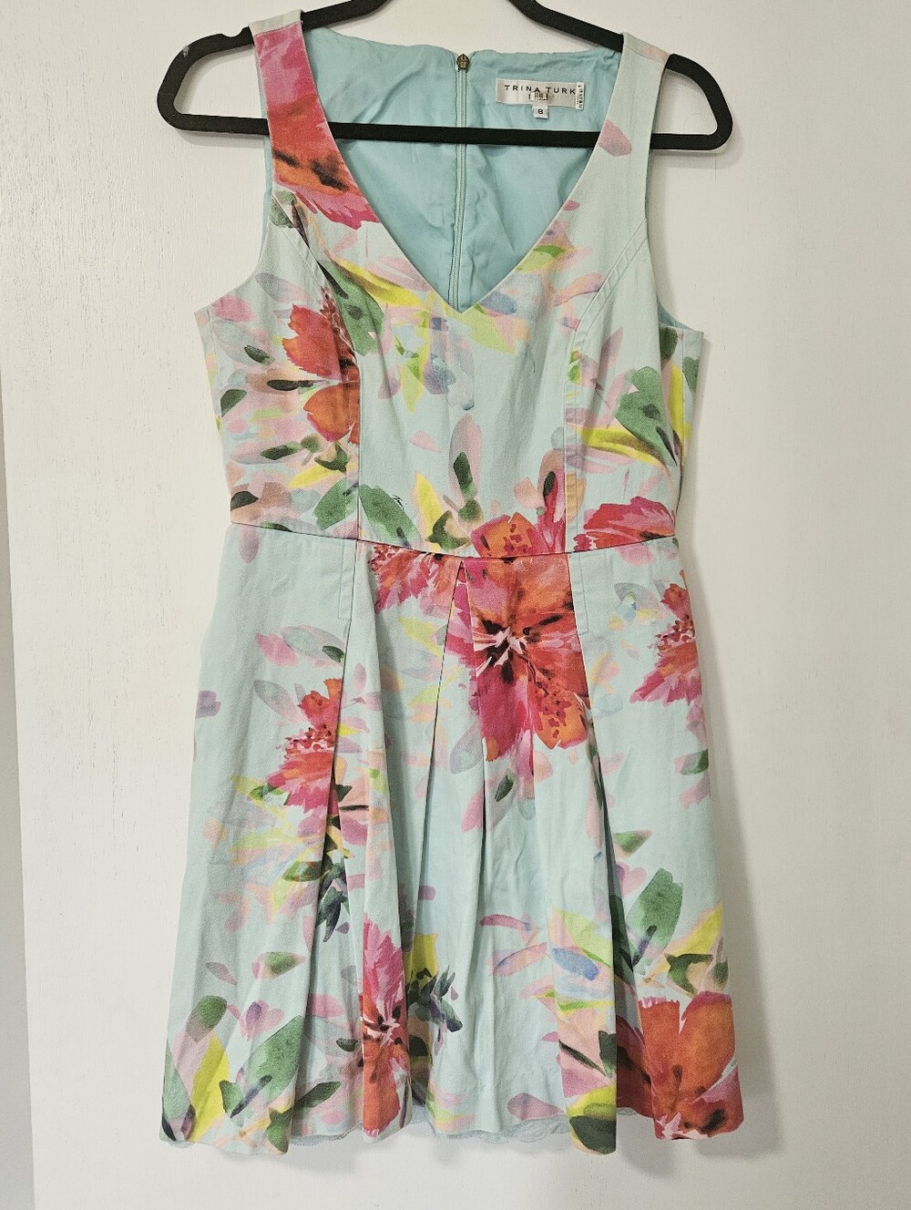 Trina Turk Floral Watercolor Light Blue Cotton Sleeveless Flare Dress Sz 8
